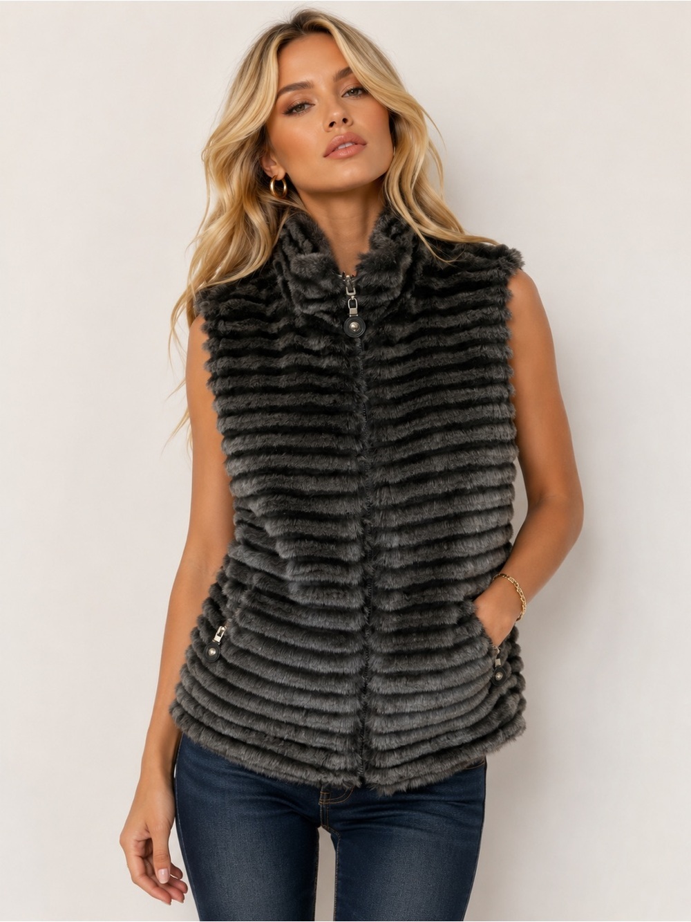 Jamie Sadock Size Small Faux Fur Zip Front Vest Gray Striped Reversible Pockets